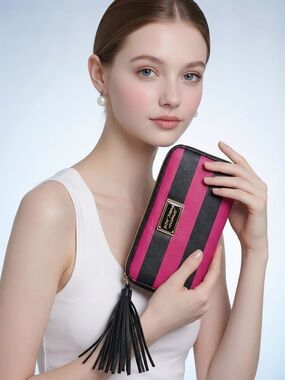 Betsey Johnson Black and Hot Pink Striped Zip-Around Wristlet Clutch